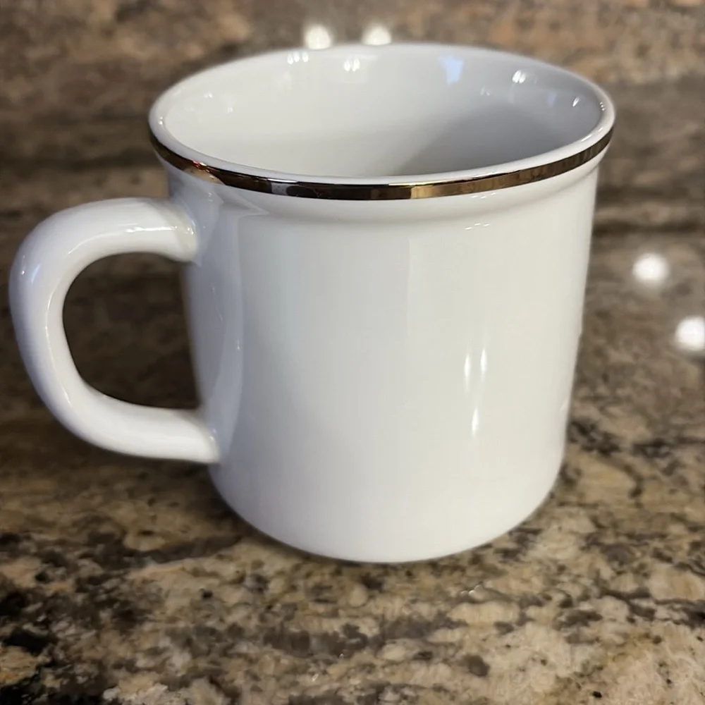 Pottery Barn Steward Plaid initial R coffee tea mug monogram new, gold rim 16oz